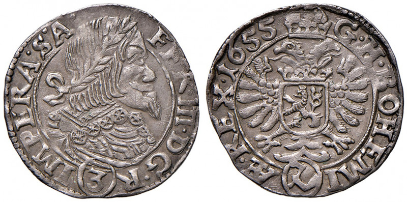 Ferdinand III. 1637 - 1657
3 Kreuzer, 1655. Kuttenberg
1,54g
Her. 767a
f.stgl