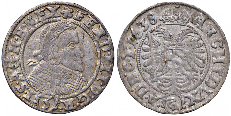 Ferdinand III. 1637 - 1657
3 Kreuzer, 1638. Breslau
1,33g
Her. 799c
f.vz/vz