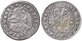 Ferdinand III. 1637 - 1657
3 Kreuzer, 1647 GW. Glatz
1,38g
Her. 838
ss