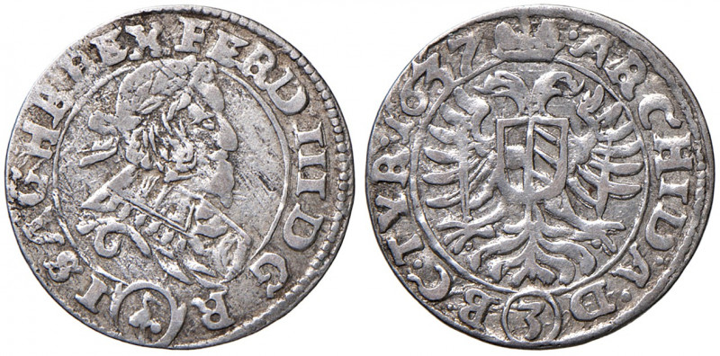 Ferdinand III. 1637 - 1657
3 Kreuzer, 1637. Wien
1,74g
Her. 674
ss