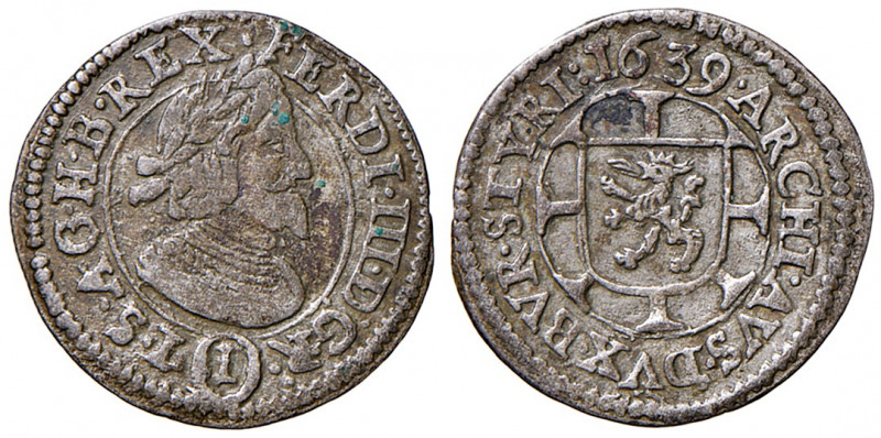 Ferdinand III. 1637 - 1657
Ag-Kreuzer, 1639. Graz
0,86g
Her. 870a
vz