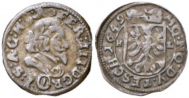 Ferdinand III. 1637 - 1657
Ag-Kreuzer, 1649 HL. Avers ohne Innenkreis
Teschen
0,63g
Her. 943, KM 363
ss/ss+