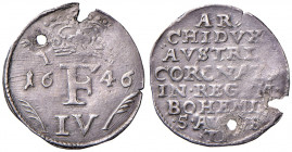 Ferdinand IV. 1653 - 1654
Ag - Jeton, 1646. auf seine böhmische Krönung
1,11g
Montenuovo 847
min Prägeschwäche, Schrötlings Fehler
ss
