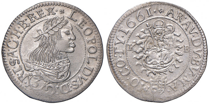 Leopold I. 1657 - 1705
3 Kreuzer, 1661 KB. " AR.AV.DV.BV. "
Kremnitz
1,62g
Her. ...