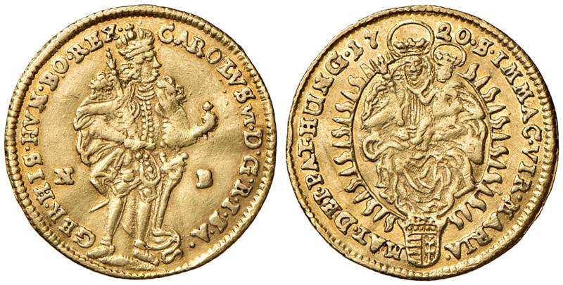 Karl VI. 1711 - 1740
Dukat, 1720 N-B. Nagybanya
3,40g
Her. 173
wellig
ss