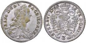 Franz I. Stephan 1745 - 1765
3 Kreuzer, 1762 H-A. Hall
1,73g
Her. 563
vz
