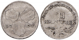 Leopold II. 1790 - 1792
III Kreuzer, 1792 H. Günzburg
1,43g
Her. 81
f.ss