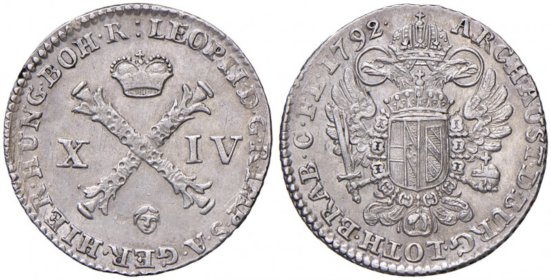 Leopold II. 1790 - 1792
XIV Liard, 1792. Brüssel
2,58g
Her. 91
vz