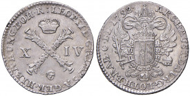 Leopold II. 1790 - 1792
XIV Liard, 1792. Brüssel
2,58g
Her. 91
vz
