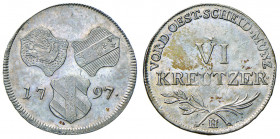 Franz II. 1792 - 1806
VI Kreuzer, 1797 H. Günzburg
2,39g
Her. 900
vz