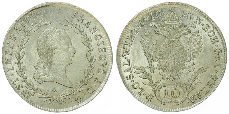 Franz I. 1806 - 1835
10 Kreuzer, 1810 A. Wien
3,93g
Fr. 396
min. justiert
stgl