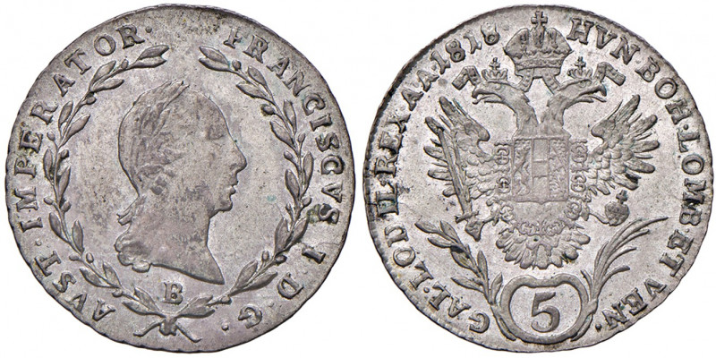 Franz I. 1806 - 1835
5 Kreuzer, 1818 B. Kremnitz
2,19g
Fr. 436
vz/stgl