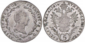 Franz I. 1806 - 1835
5 Kreuzer, 1818 B. Kremnitz
2,19g
Fr. 436
vz/stgl