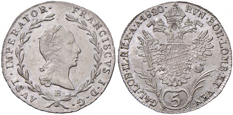 Franz I. 1806 - 1835
5 Kreuzer, 1820 B. Kremnitz
2,23g
Fr. 439
vz/stgl
