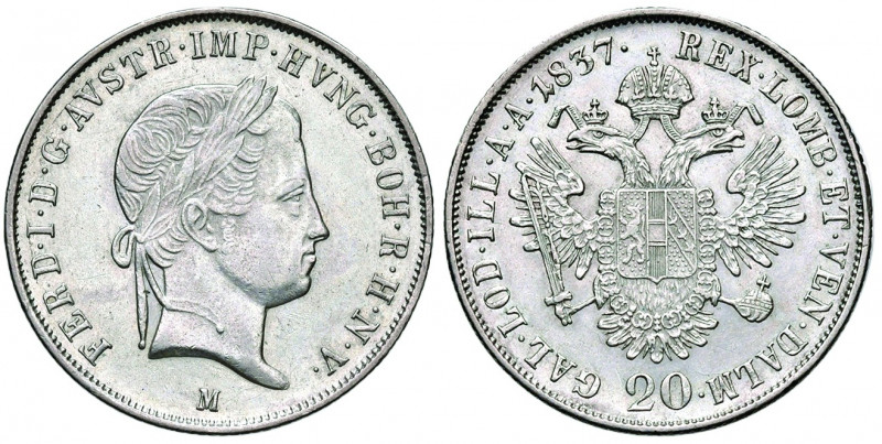 Ferdinand I. 1835 - 1848
20 Kreuzer, 1837 M. Mailand
6,69g
Fr. 799
vz/stgl