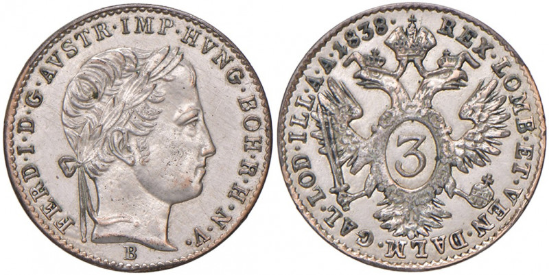 Ferdinand I. 1835 - 1848
3 Kreuzer, 1838 B. Kremnitz
1,74g
Fr. 894
vz