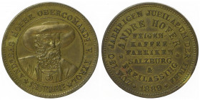 Franz Joseph I. 1848 - 1916
Messingmedaille, 1889. zum 130 Jubiläum der Feigen-Kaffe Fabriken Salzburg + Freilassing, Andreas Hofer - Schutzmarke, Dm ...