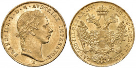 Franz Joseph I. 1848 - 1916
Dukat, 1857 E. Karlsburg
3,53g
Fr. 1184
kleiner Randfehler
vz/stgl