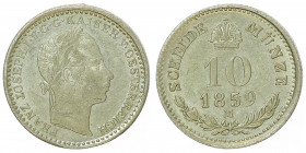 Franz Joseph I. 1848 - 1916
10 Kreuzer, 1859 M. Mailand
2,00g
Fr. 1591
vz/stgl