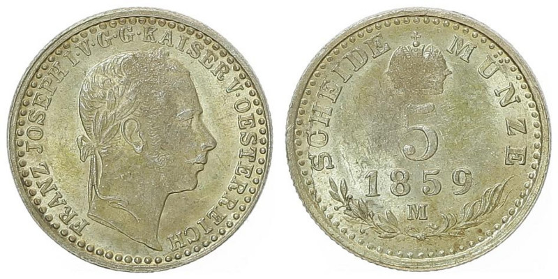 Franz Joseph I. 1848 - 1916
5 Kreuzer, 1859 M. Mailand
1,30g
Fr. 1614
Prägeschwä...