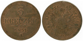 Franz Joseph I. 1848 - 1916
3 Kreuzer, 1851 B. Kremnitz
16,34g
Fr. 1628
ss/ss+