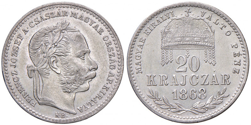 Franz Joseph I. 1848 - 1916
20 Krajaczar, 1868 KB. Kremnitz
2,59g
Fr. 1801
vz/st...