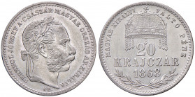 Franz Joseph I. 1848 - 1916
20 Krajaczar, 1868 KB. Kremnitz
2,59g
Fr. 1801
vz/stgl