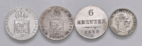 Franz Joseph I. 1848 - 1916
Lot. 4 Stück diverse, 3x 6 Kreuzer 1848,49 A, 5 Kreuzer 1858 A.
ges. 7,31g
ss/ss+