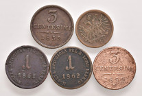 Franz Joseph I. 1848 - 1916
Lot. 5 Stück, 2x 3 Centesimi 1852 M+V, 2x Soldo 1862 und 5/10 Soldo.
ges. 14,13g
s/ss