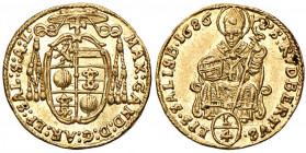 Max Gandolph von Küenburg 1668 - 1678
Erzbistum Salzburg. 1/4 Dukat, 1686. Salzburg
0,85g
HZ 1975
vz/stgl