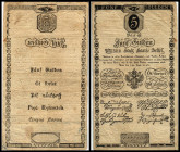 2x 5 Gulden, 01.06.1806
Österreich. Richter R. Papiergeld Spezialkatalog Österreich 1759 - 2010, 39. Einrisse, Stockflecken
IV / V