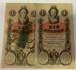 2x 1 Gulden, 01.01.1858
Österreich. 1x Stempel ungültig. Richter R. Papiergeld Spezialkatalog Österreich 1759 - 2010, 128
III