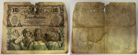 10 Gulden, 15.01.1863
Österreich. Richter R. Papiergeld Spezialkatalog Österreich 1759 - 2010, 138. starker Einriss, Loch, rechts Ecke fehlt.
V