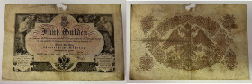 5 Gulden, 07.07.1866
Österreich. Richter R. Papiergeld Spezialkatalog Österreich 1759 - 2010, 139b. starker Einriss, Loch
IV / V