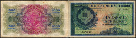 25 + 1 000 Schilling, Serie 1944
Österreich. Richter R. Papiergeld Spezialkatalog Österreich 1759 - 2010, 259, 262. Einrisse, Stockflecken
III / IV