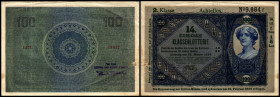 100, ND (1921)
Österreich. Donaustaat. Richter R. Papiergeld Spezialkatalog Österreich 1759 - 2010,207b
win. Loch, Einrisse, Stockflecken
III