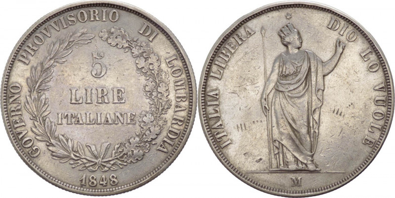 Milano - Governo Provvisorio della Lombardia (1848) - 5 lire 1848 tipo con rami ...
