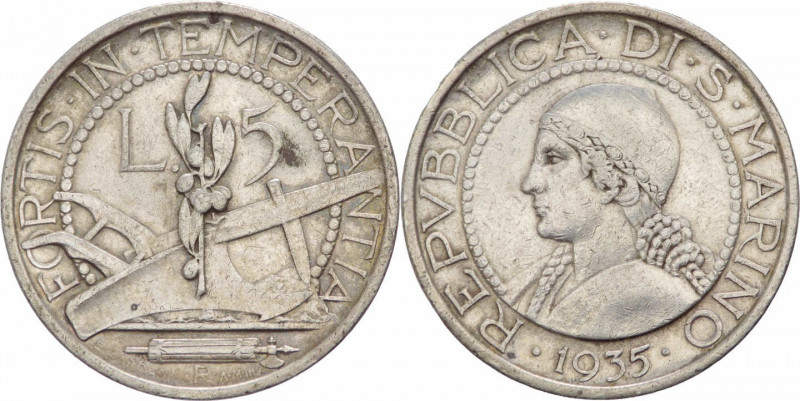 San Marino - Vecchia Monetazione (1864-1938) - 5 Lire 1935 del II° tipo - Gig. 2...