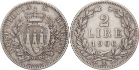 Repubblica di San Marino - Vecchia Monetazione (1864-1938) - 2 lire 1906 - Gig.26 - Ag - RARA (R)
BB



SHIPPING ONLY IN ITALY - SPEDIZIONE SOLO ...