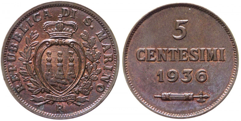 San Marino - vecchia monetazione - 5 centesimi 1936 - KM# 12 - Cu
FDC



SH...