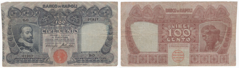 Regno d'Italia - Banco di Napoli - 100 lire - emissione del 10.11.1908 - N° seri...