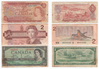 Canada - Elisabetta II (dal 1952) Lotto n.3 Banconote - 1 Dollar ; emissione del 1954 ; Macchie ; qBB - 2 Dollar ; emissione del 1986 ; BB+ - 2 Dollar...