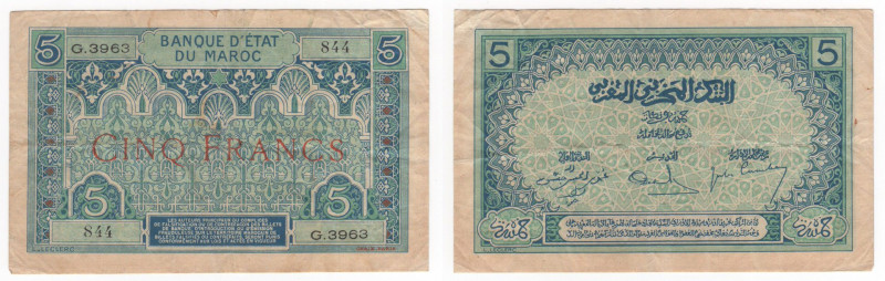 Marocco - Banca di Stato del Marocco - 5 Francs 1924 - N°G.3963 - P9 - Pieghe / ...