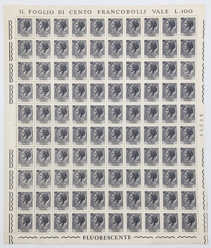 Foglio integro di 100 francobolli da lire 1 serie "Siracusana" - integro, filigr...