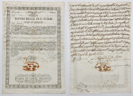 Regno delle Due Sicilie - Fede di Credito - 1845 - con firma di Carlantonio di Villarosa (Napoli 1762 - 1847) autore dei volumi Lettera biografica int...