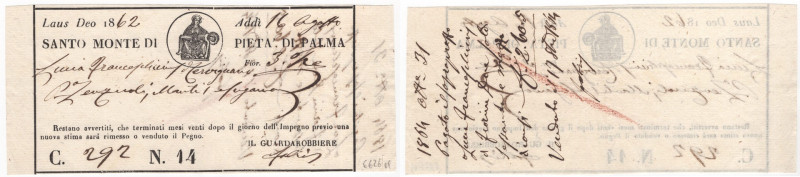 Italia - Ricevuta del Santo Monte Di Pietà Di Palma - 16.08.1862
mSPL



SH...