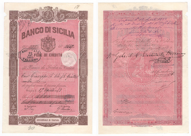 Regno d'Italia - Banca di Sicilia - Succursale di Trapani - Fede di Credito con ...