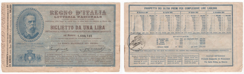 Regno d’Italia - Biglietto Lotteria Nazionale da 1 Lira 1891 a favore dell’Espos...