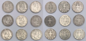 Lotto n.9 monete emesse da Vittorio Emanuele II (1861-1878) 5 Lire 1869, Zecca di Milano - 5 Lire 1870, Zecca di Milano - 5 Lire 1871, Zecca di Milano...