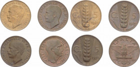 Lotto 4 monete: Vittorio Emanuele III (1900-1943) 5 Centesimi 1922 "Spiga" del II° Tipo - Gig. 268 - Cu - tracce rosse - SPL; Vittorio Emanuele III (1...